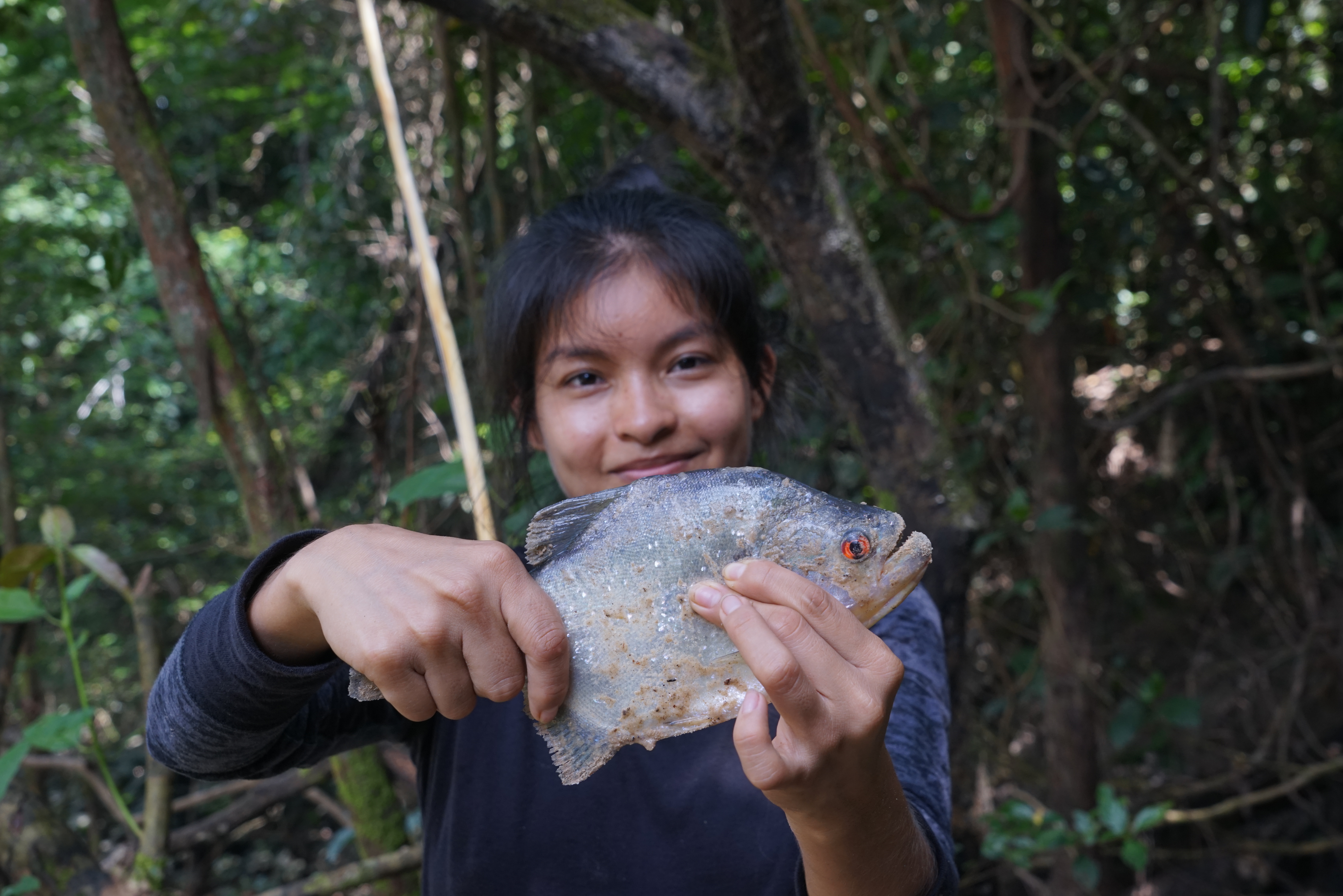 Local child holding a freshwater turtle during a rainforest wildlife experience in the Peruvian Amazon.