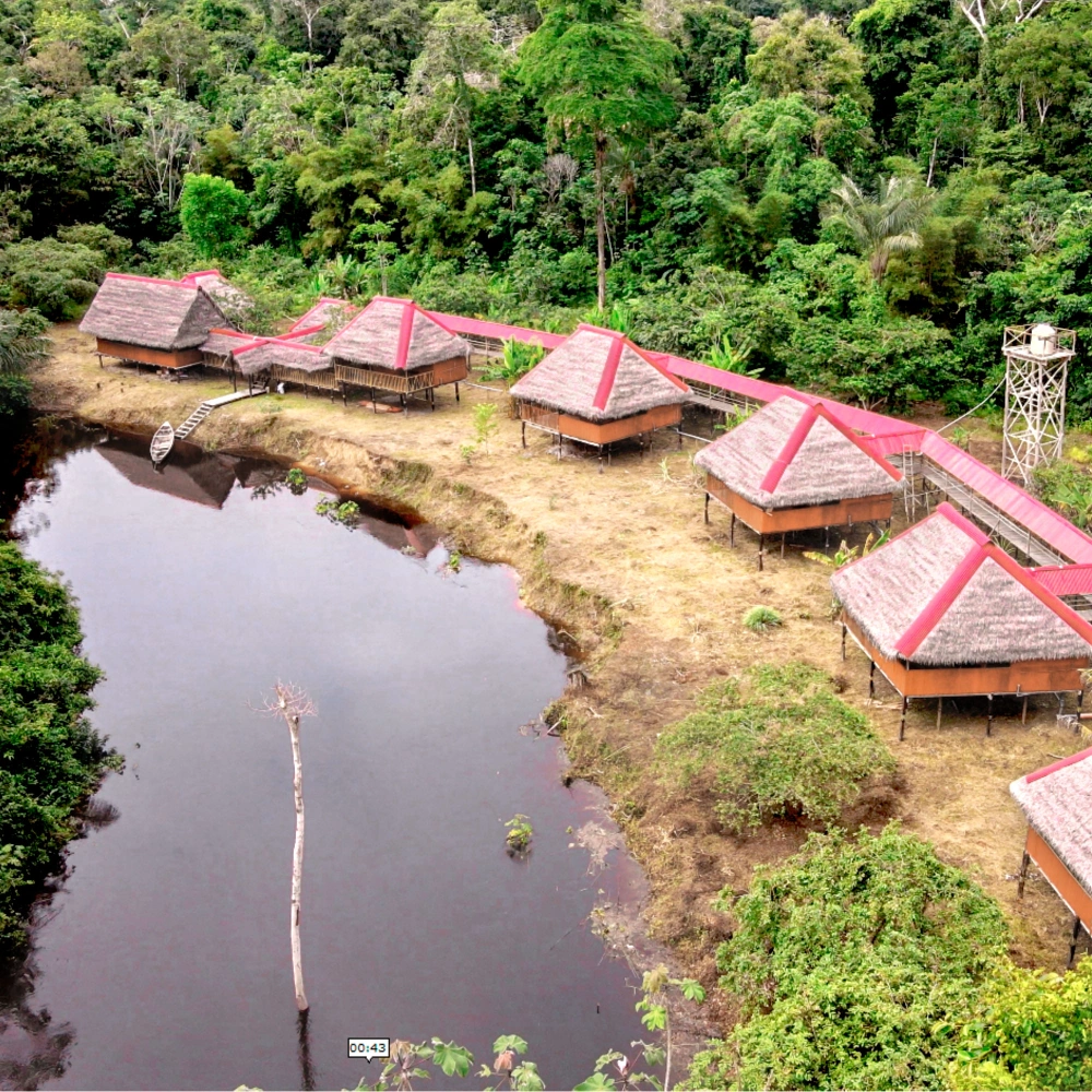 Eco-friendly Amazon rainforest lodge with traditional maloca bungalows along a river in Peru.